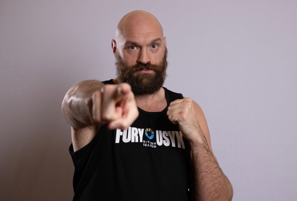 Tyso Fury poses before his fight with Oleksandr Usyk in Riyadh, Saudi Arabia
