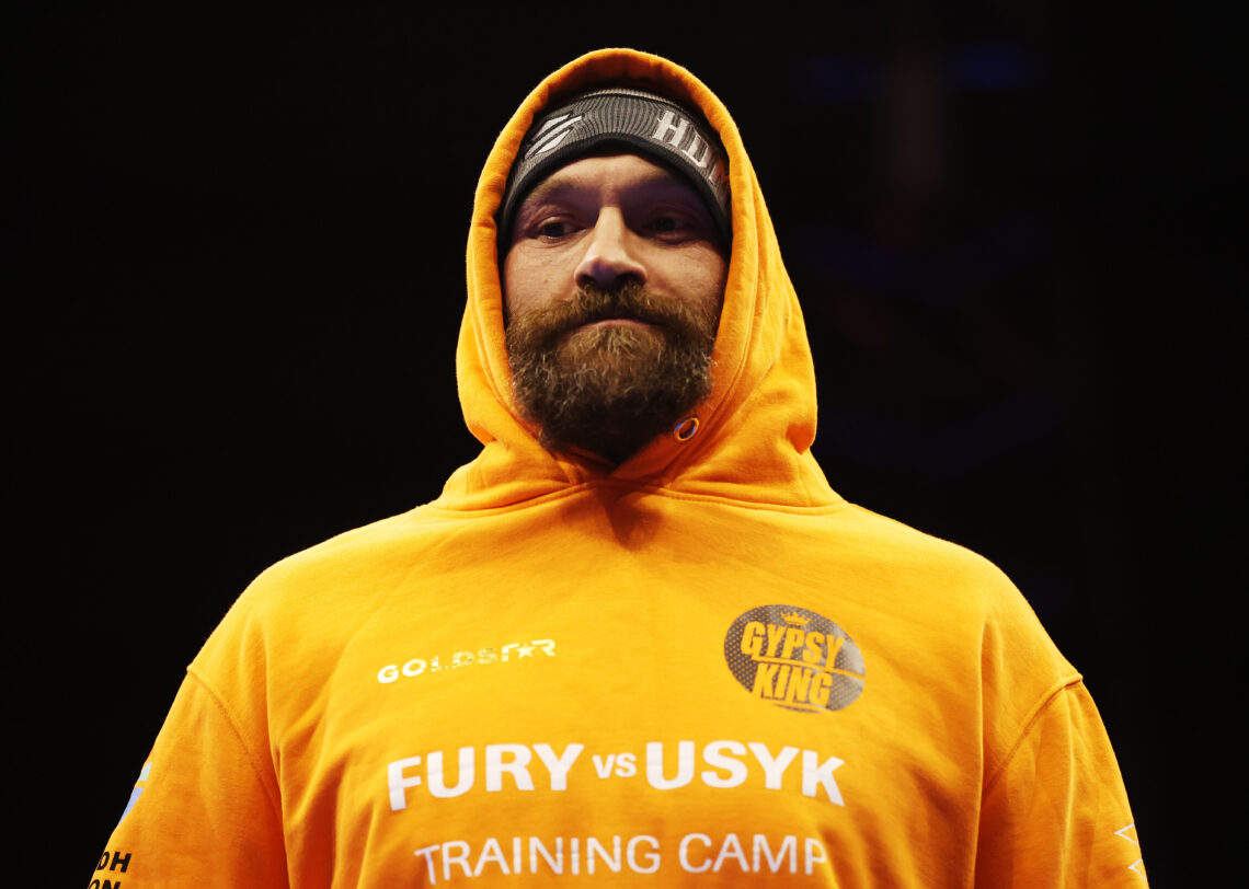 Tyson Fury attends the media workouts ahead of his title rematch with Oleksandr Usyk in Saudi Arabia