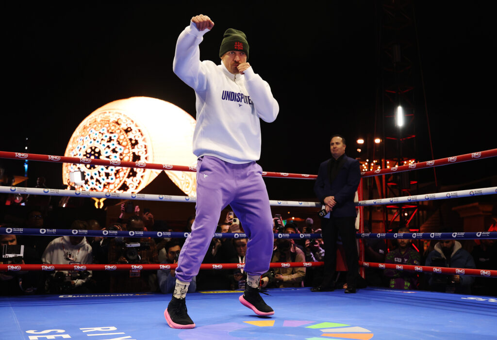 Oleksandr Usyk trains during an open workout ahead of his fight against Tyson Fury