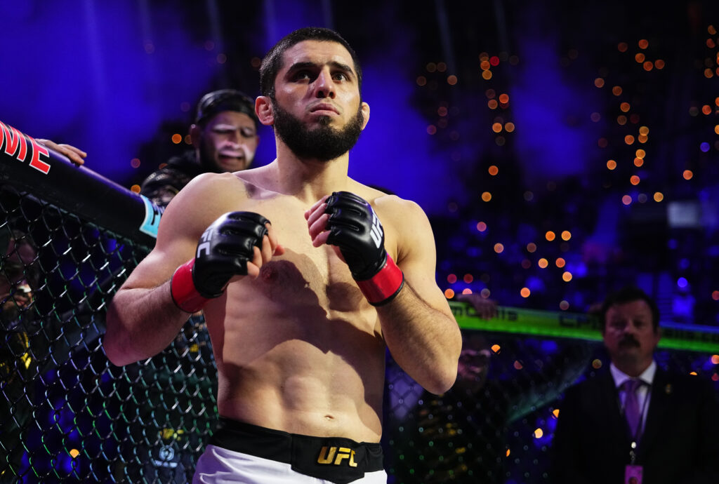 Islam Makhachev enters the Octagon for his lightweight title fight with Renato Moicano at UFC 311