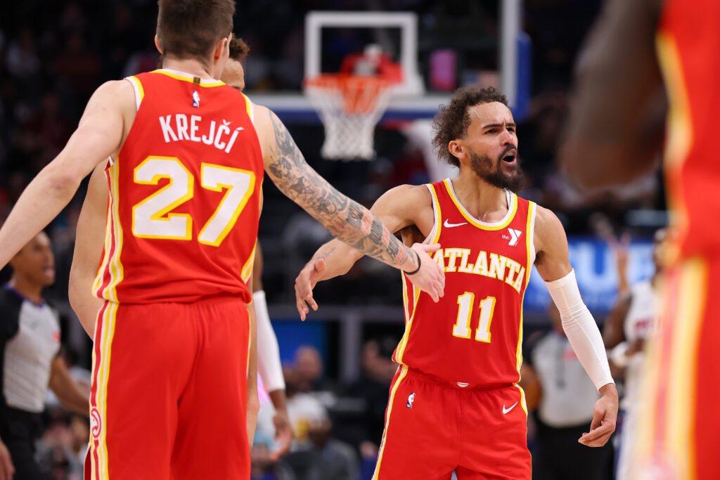 Trae Young #11 of the Atlanta Hawks celebrates