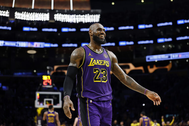 LeBron James of the Los Angeles Lakers reacts during a 120-112 win against the Golden State Warriors