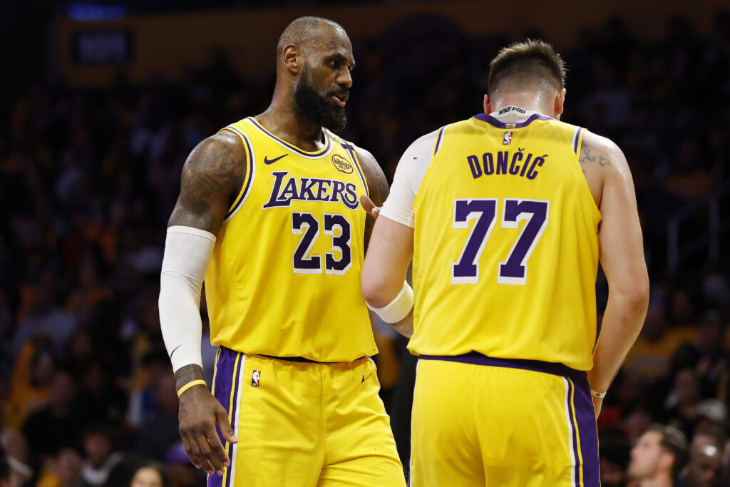 LeBron James #23 and Luka Doncic #77 of the Los Angeles Lakers