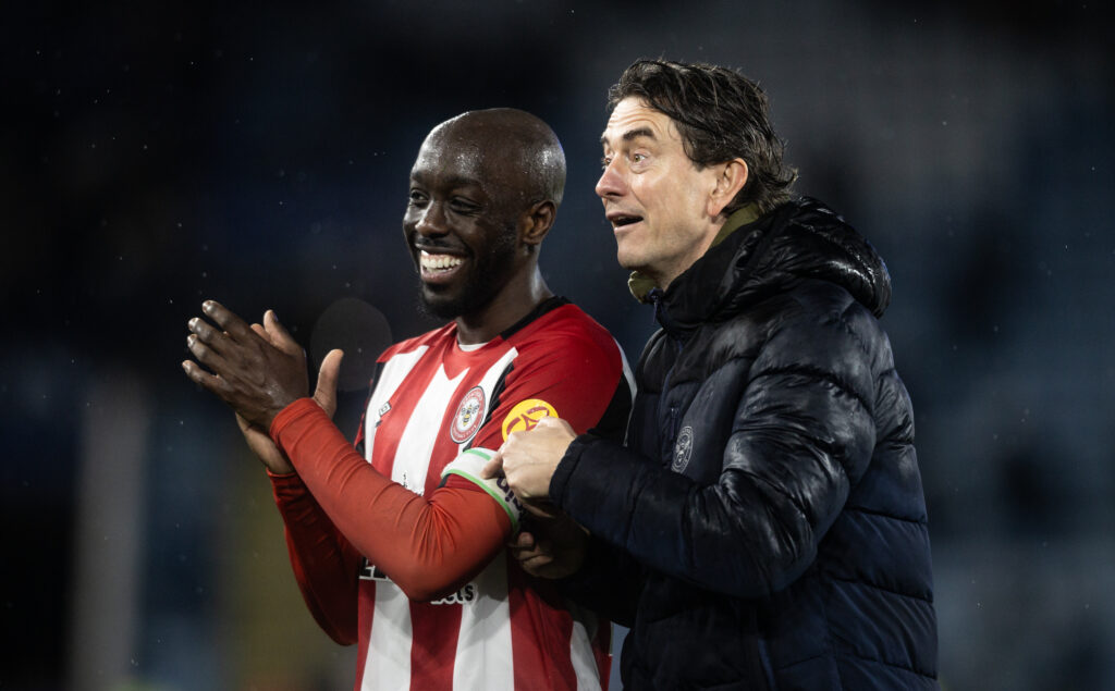 Thomas Frank and Yoane Wissa smile after Brentford's Premier League victory at Leicester City.