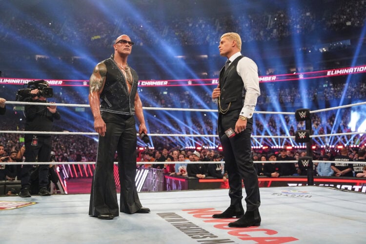 The Rock and Cody Rhodes in the middle of the ring at WWE Elimination Chamber