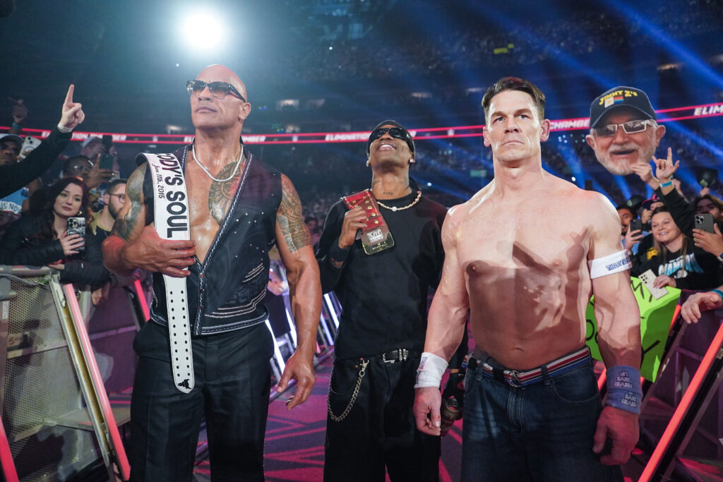 The Rock, John Cena and Travis Scott at WWE Elimination Chamber