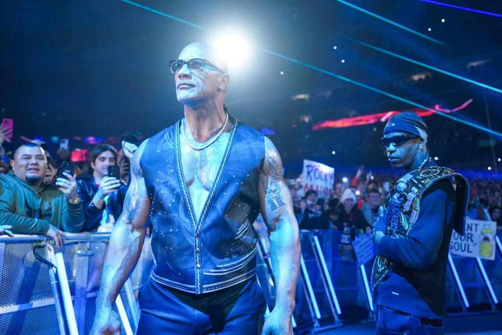 The Rock and Travis Scott after John Cena's heel turn at WWE Elimination Chamber