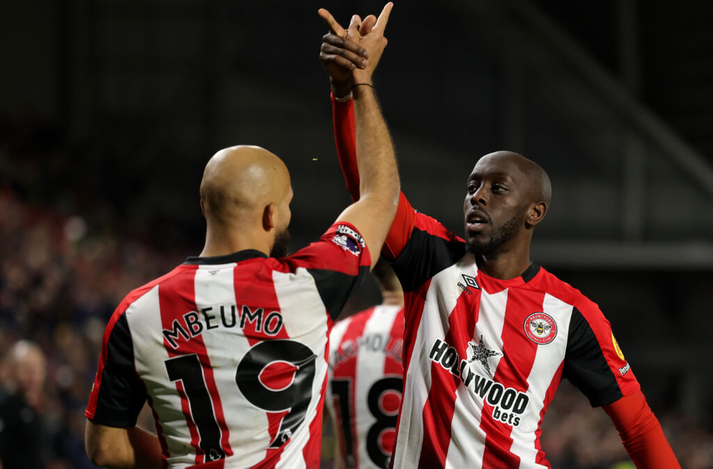 Bryan Mbeumo and Yoane Wissa celebrate for Brentford.