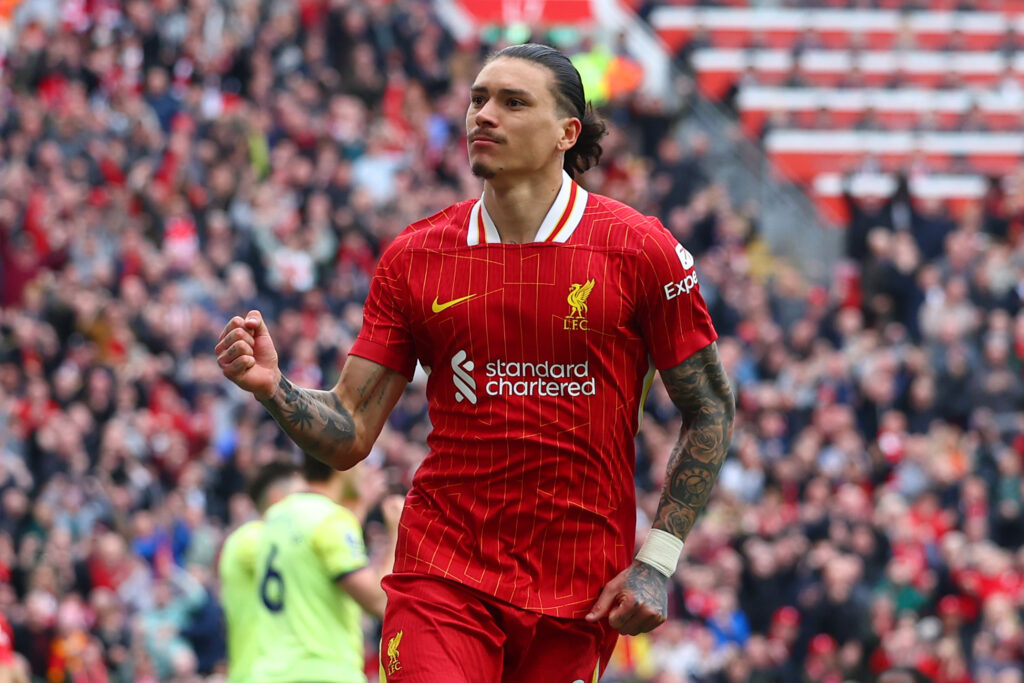 Darwin Nunez celebrates scoring against Southampton in the Premier League.