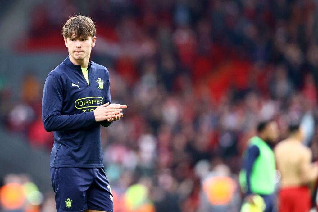 Tyler Dibling applauds after Liverpool FC v Southampton FC