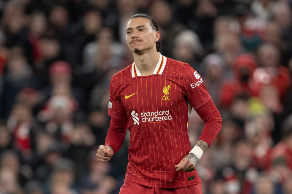 Darwin Nunez after missing his penalty for Liverpool against PSG in the Champions League last 16
