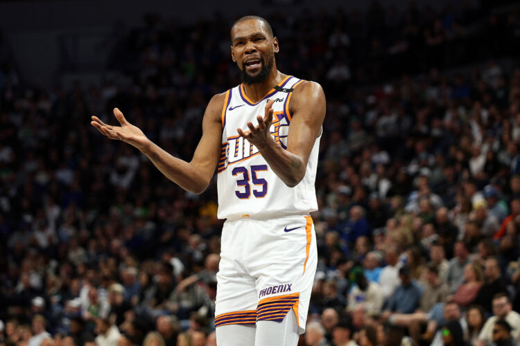 Kevin Durant #35 of the Phoenix Suns reacts