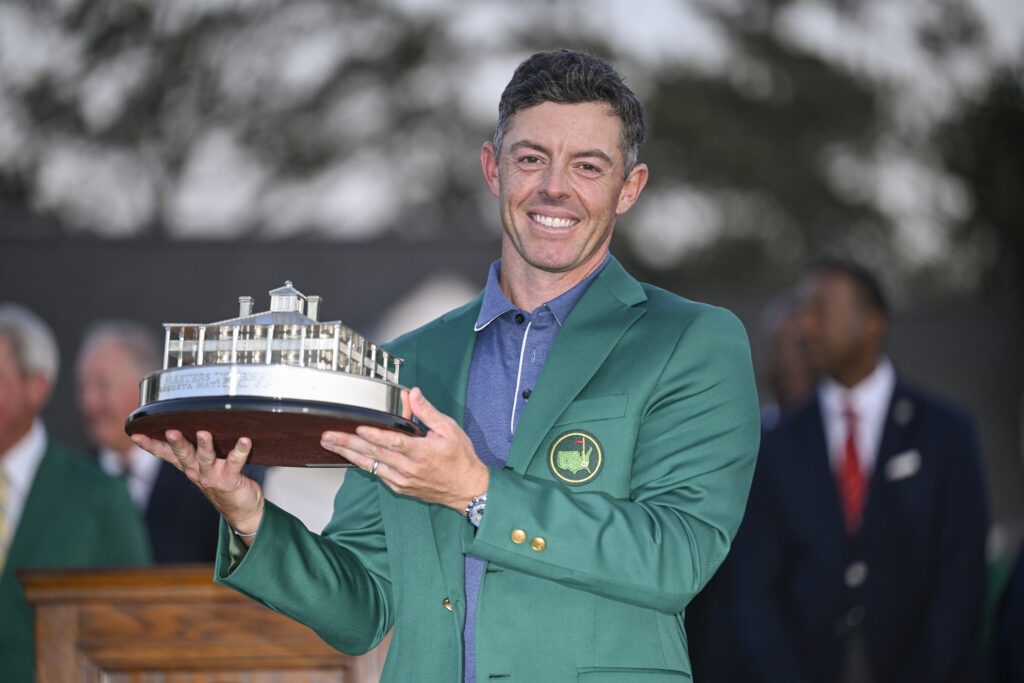 Rory McIlroy poses with The Masters trophy after winning the 2025 Augusta Tournament