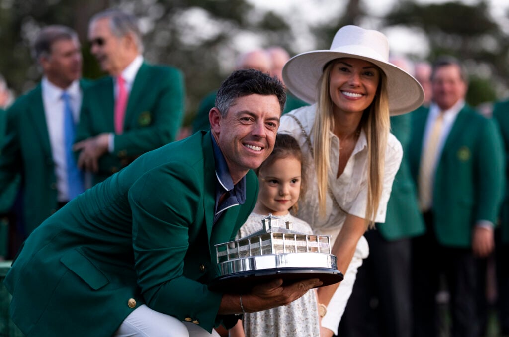 Rory McIlroy celebrates with family after winning the 2025 Masters