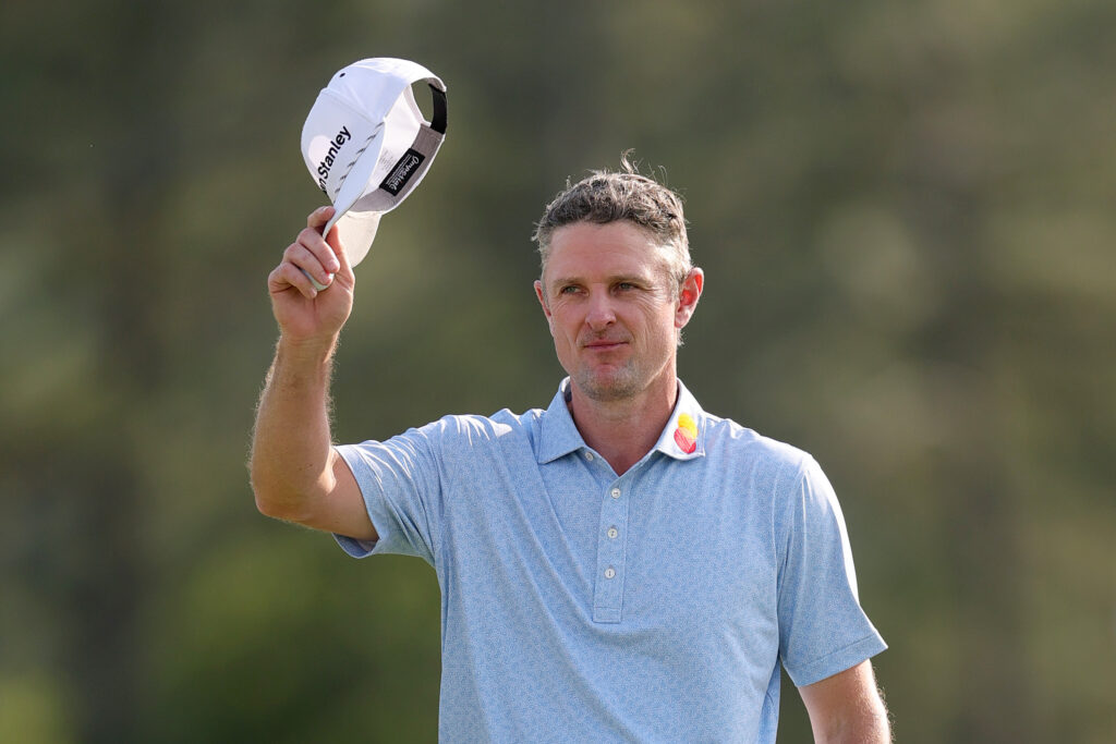 Justin Rose tips his cap at the 2025 Masters