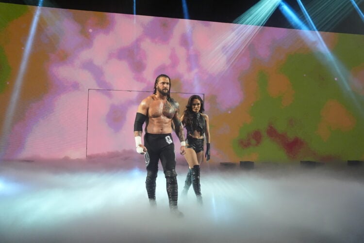 Karrion Kross and Scarlett making their WWE entrances on Monday Night RAW