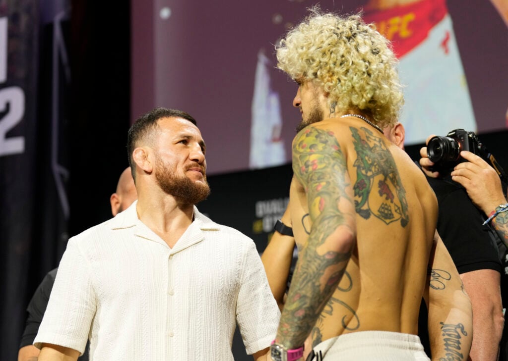 Merab Dvalishvili faces off with Sean O'Malley at the UFC 316 press conference
