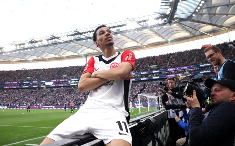 Hugo Ekitike celebrates after scoring for Eintracht Frankfurt against FC Heidenheim in the Bundesliga.