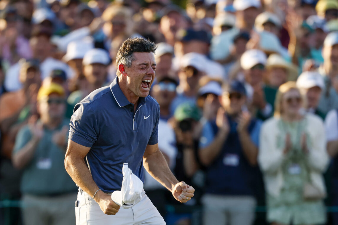 Rory McIlroy of Northern Ireland celebrates winning the 2025 Masters