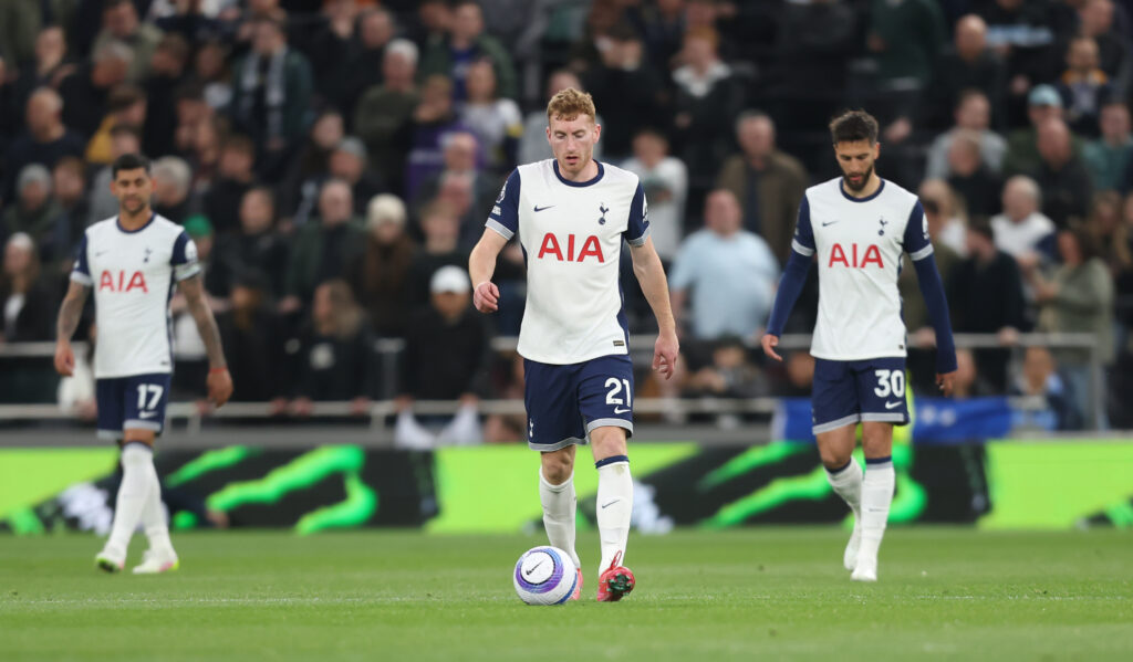 Dejection for Tottenham Hotspur and Dejan Kulusevski during the Premier League match between Tottenham Hotspur and Nottingham Forest