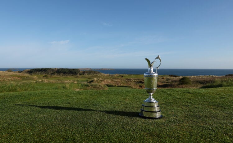 The Claret Jug sits on the 5th hole during media day for the The 153rd Open Championship at Royal Portrush Golf Club in Portrush, Northern Ireland.