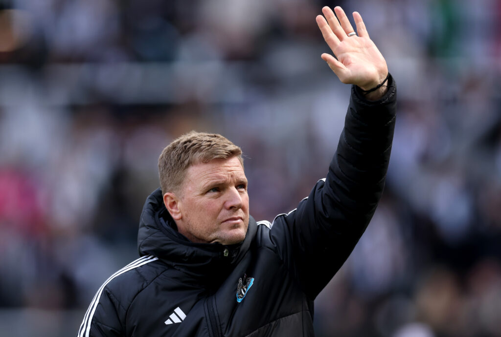 Eddie Howe waves to the crowd following Newcastle United's match with Ipswich Town.