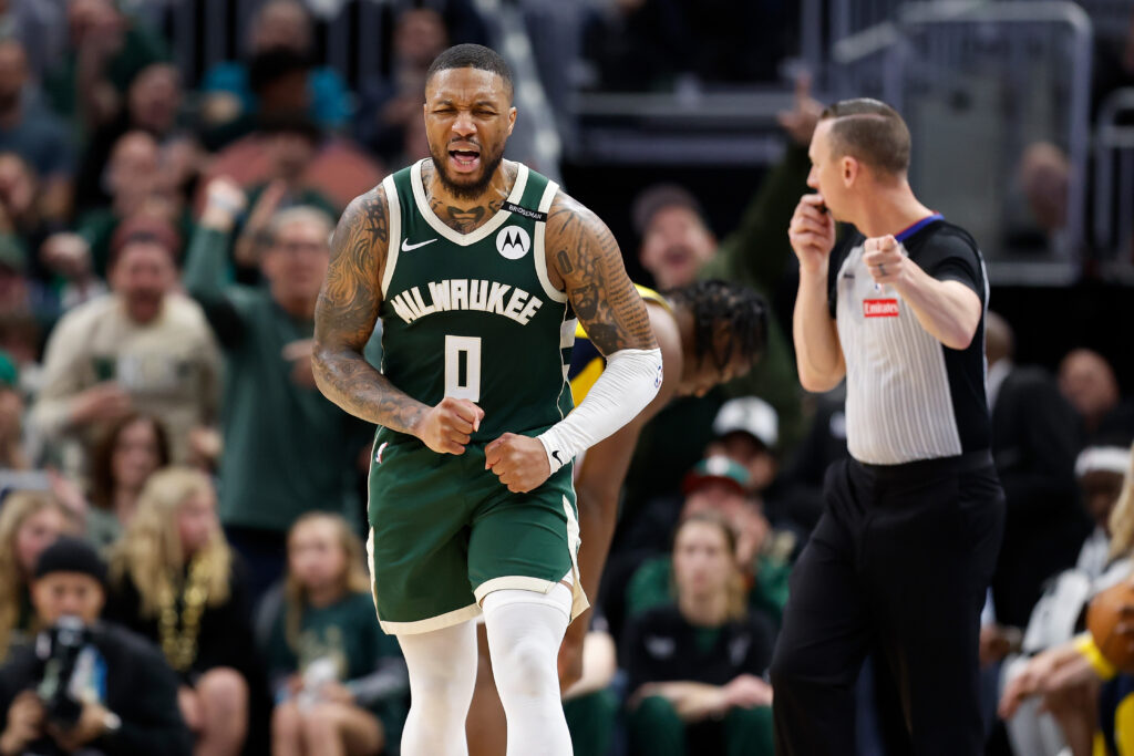 Damian Lillard of the Milwaukee Bucks reacts after causing a turnover against the Indiana Pacers during game three