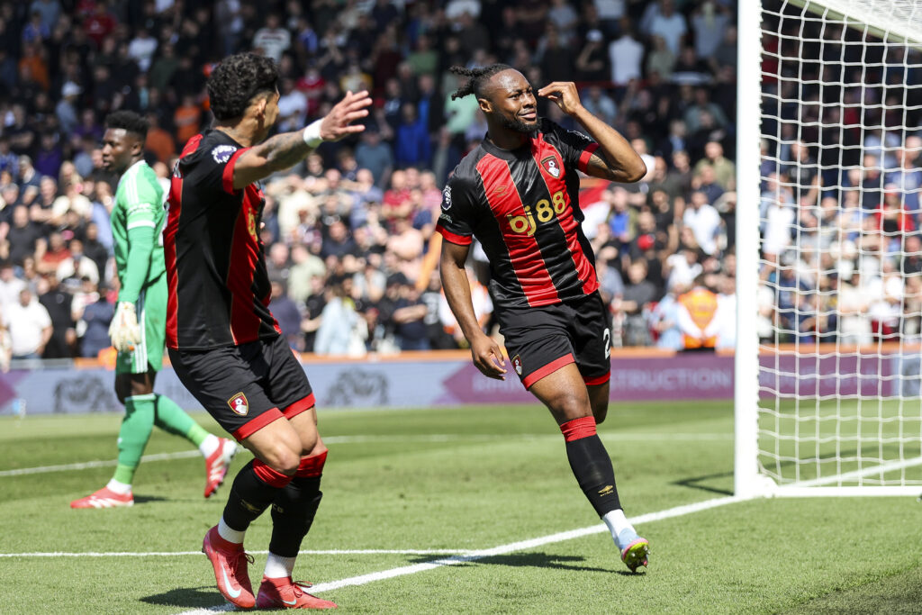 Antoine Semenyo celebrates scoring against Manchester United for Bournemouth in the Premier League.