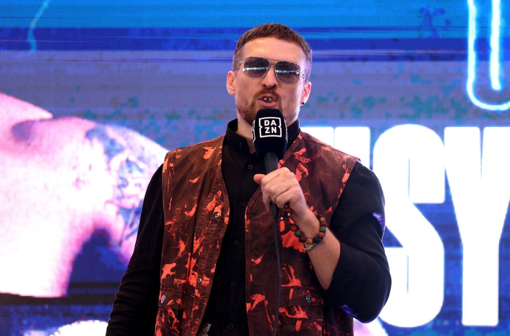 Oleksandr Usyk answers a question from the media during a press conference ahead of his fight with Daniel Dubois