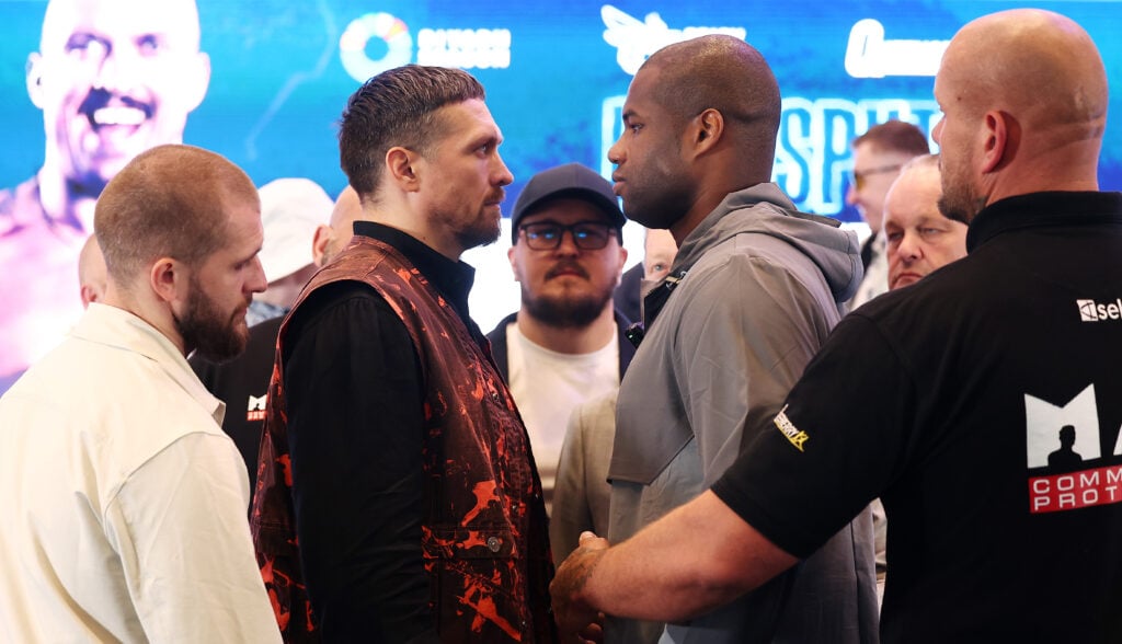 Oleksandr Usyk and Daniel Dubois face off during a press conference ahead of their fight in July 2025