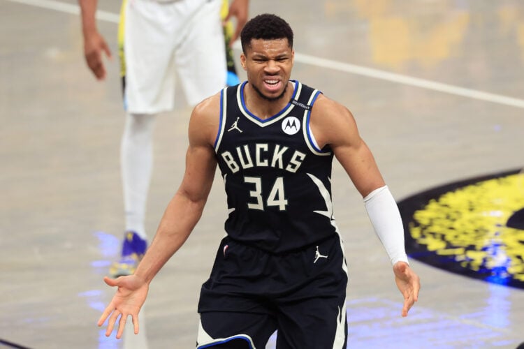 Giannis Antetokounmpo of the Milwaukee Bucks reacts in the first quarter against the Indiana Pacers.