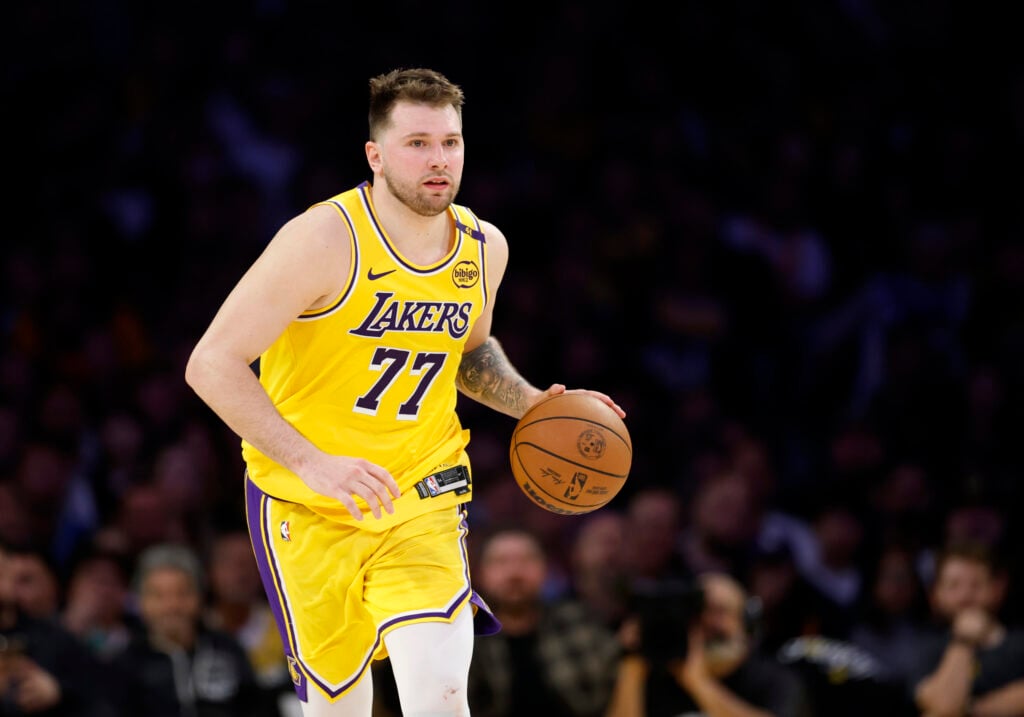 Luka Doncic of the Los Angeles Lakers dribbles the basketball.