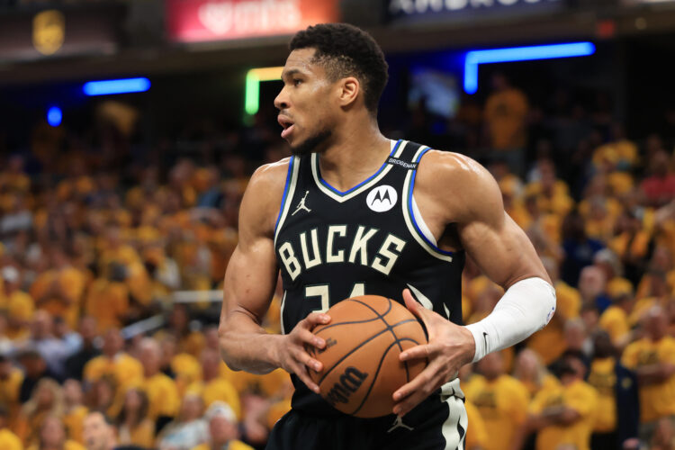 Giannis Antetokounmpo #34 of the Milwaukee Bucks looks on against the Indiana Pacers