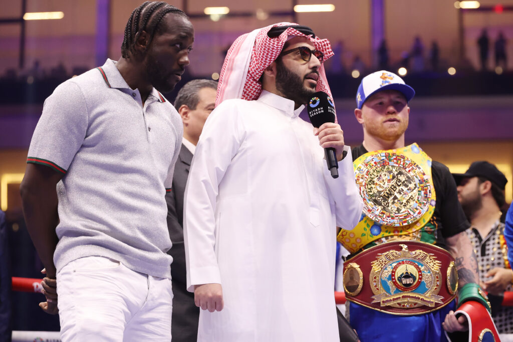 Terence Crawford, Turki Al-Sheik and Saul "Canelo" Alvarez (L-R)