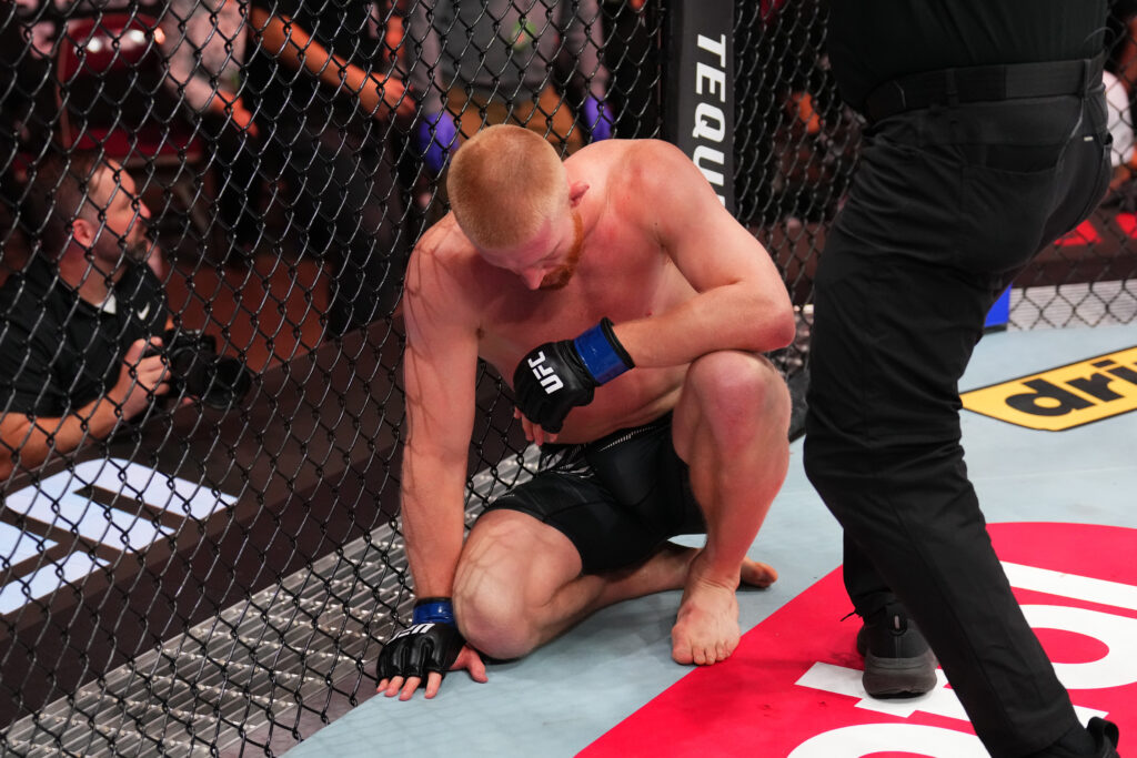 Bo Nickal reacts after his knockout loss to Renier de Ridder at UFC Des Moines in May