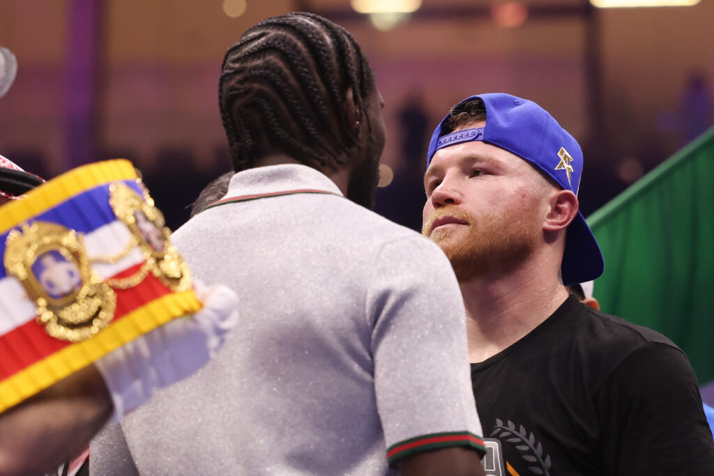 Saul "Canelo" Alvarez and Terence Crawford face off after Alvarez beat William Scull on the Fatal Fury City