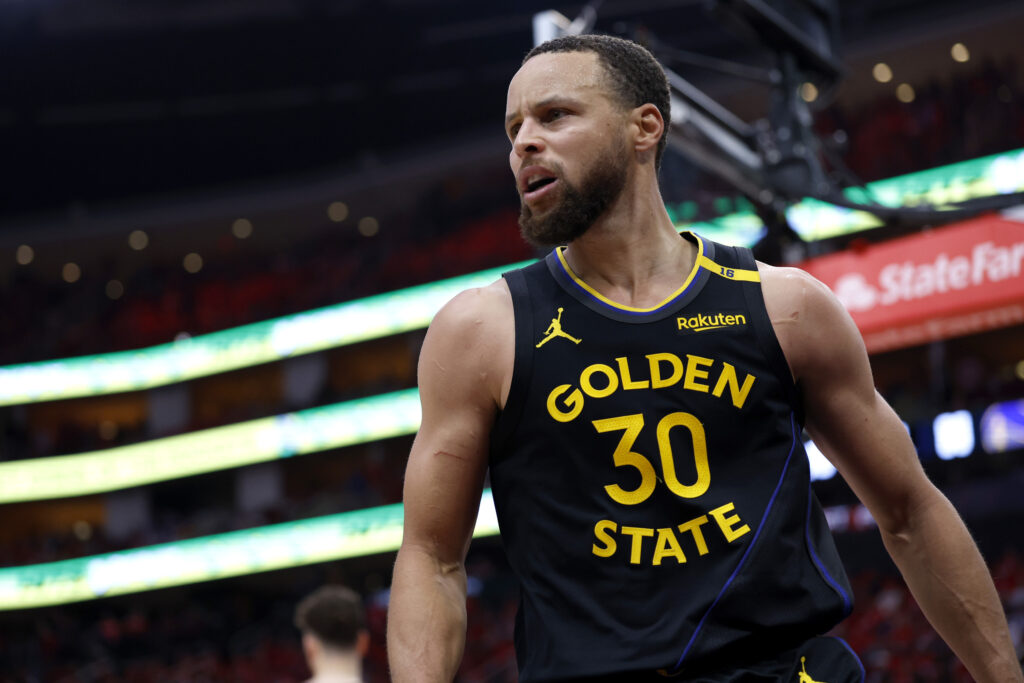 Stephen Curry #30 of the Golden State Warriors reacts against the Houston Rockets