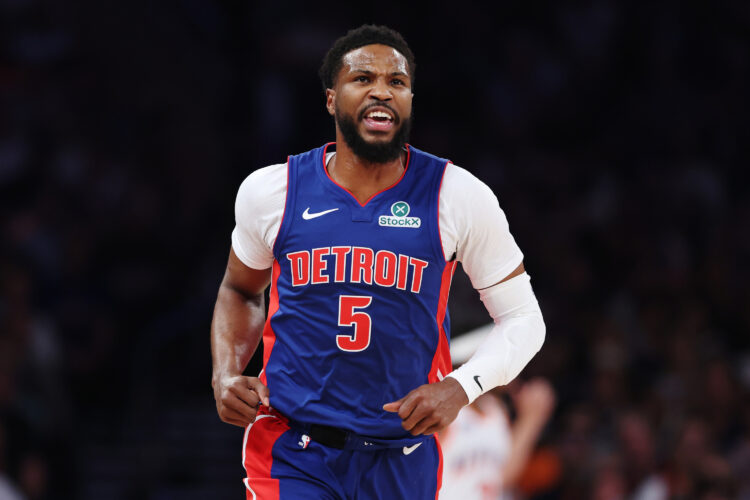Malik Beasley #5 of the Detroit Pistons in action in Game Five of the Eastern Conference First Round NBA Playoffs against the New York Knicks