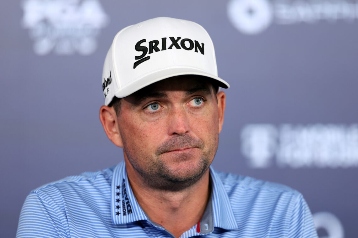 Keegan Bradley of the United States speaks to the media