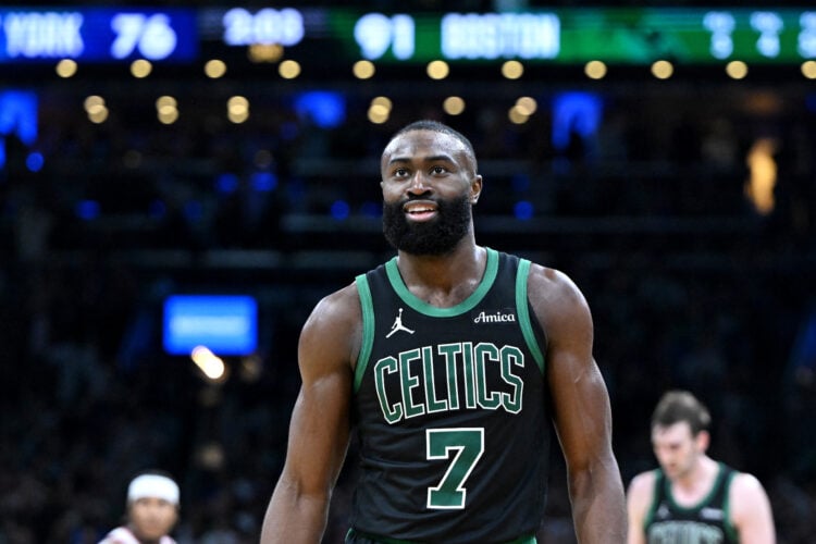 Jaylen Brown of the Boston Celtics smiles against the New York Knicks during Game Five of the Eastern Conference Second Round NBA Playoffs.