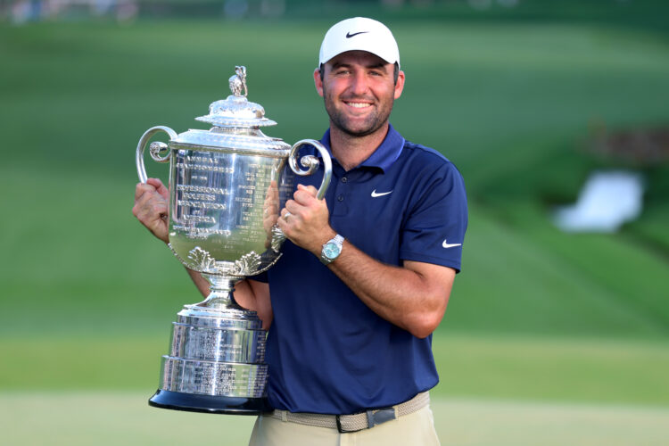 Scottie Scheffler of the United States holds the Wanamaker Trophy after winning the PGA Championship.