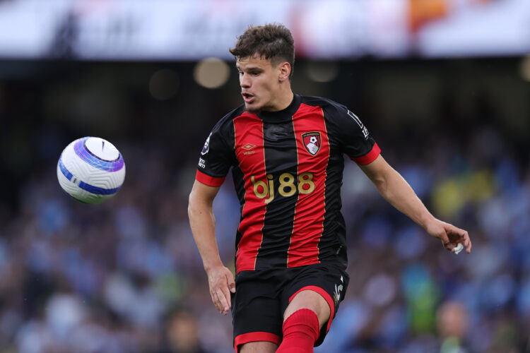 Milos Kerkez of Bournemouth in action during the Premier League match between Manchester City FC and AFC Bournemouth at Etihad Stadium