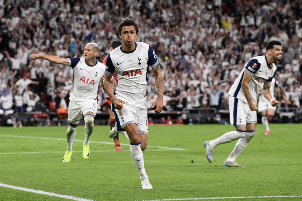 Brennan Johnson celebrates his goal for Tottenham in the Europa League final