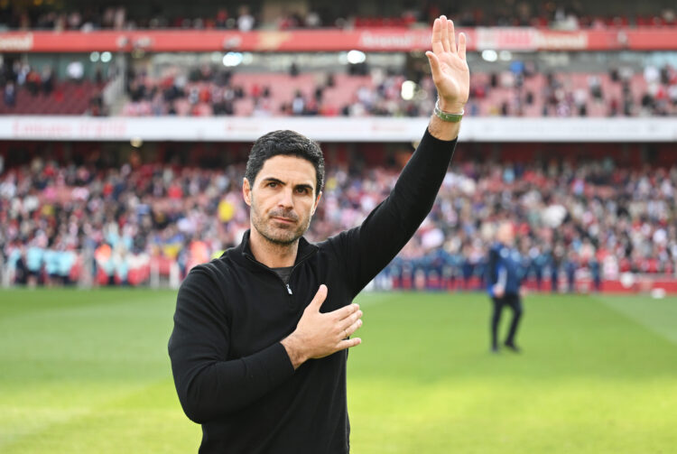 Mikel Arteta, Manager of Arsenal, acknowledges the fans