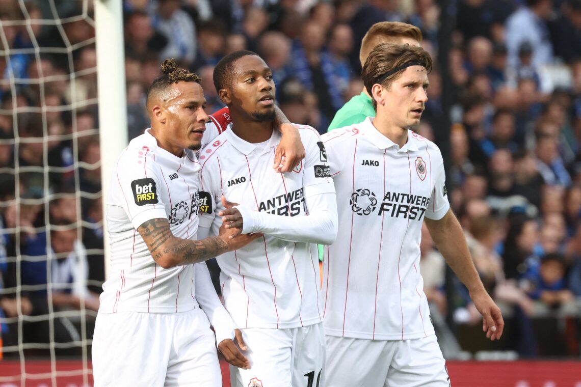 Michel-Ange Balikwisha celebrates during a Royal Antwerp match