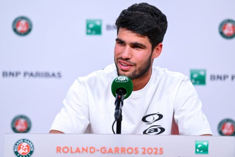 Carlos Alcaraz of Spain speaks to the media at the press conference before the 2025 French Open Tennis Tournament at Roland Garros