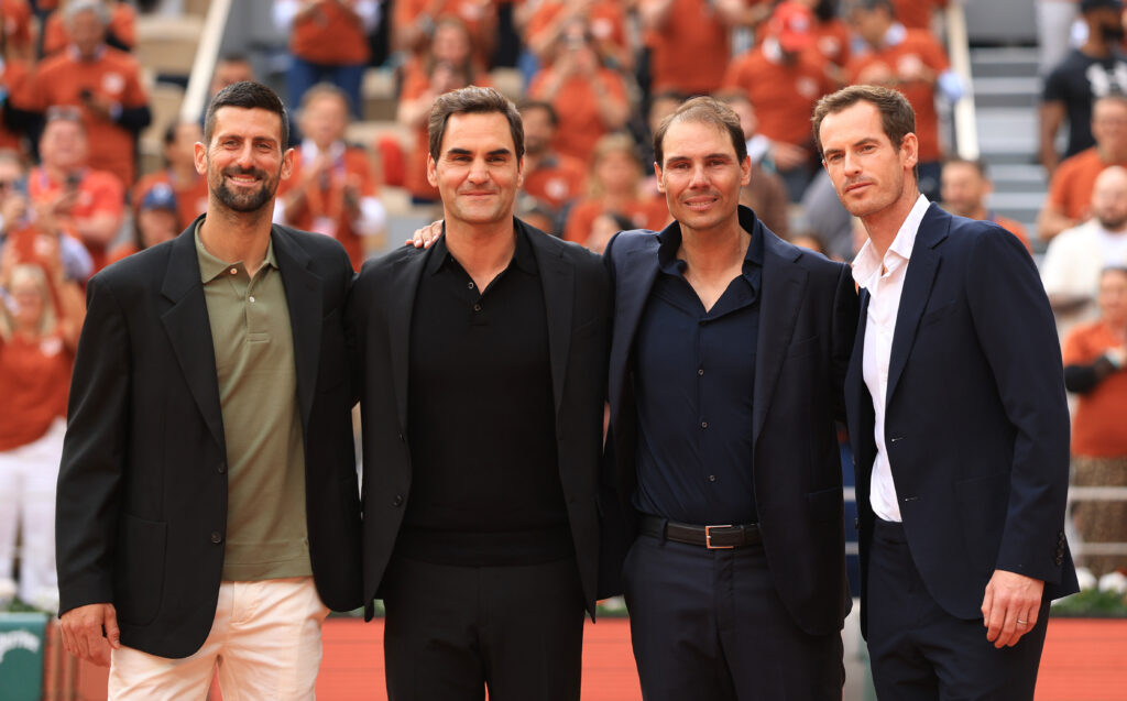 Novak Djokovic, Roger Federer, Rafael Nadal, and Andy Murray posing at Roland Garros 2025