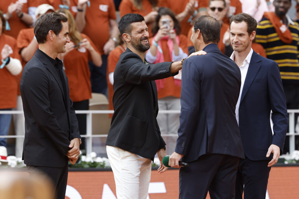 Rafael Nadal with Roger Federer, Novak Djokovic, Andy Murray during the ceremony to honor his career and the14 titles won on the parisian clay-courts on day 1
