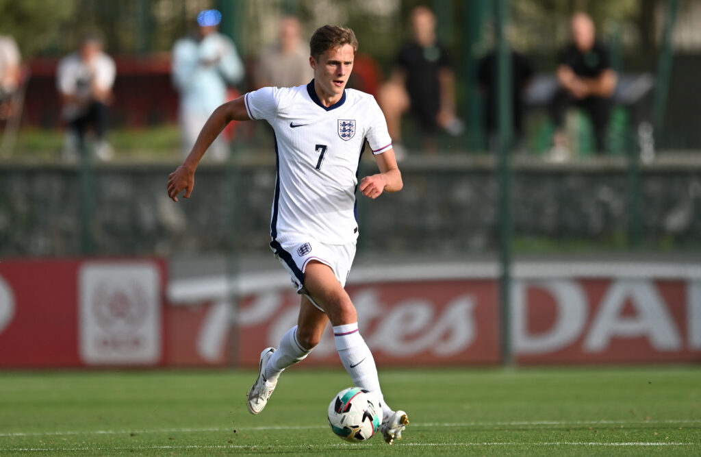 Harrison Armstrong runs with the ball during an England under-18s match