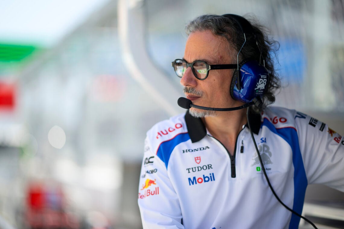 Laurent Mekies, Team Principal of Visa Cash App Racing Bulls on the pit wall